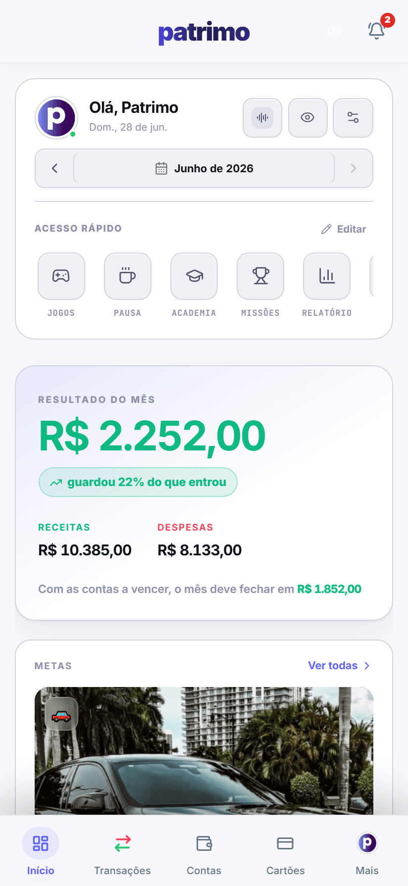 Patrimo — tela de início